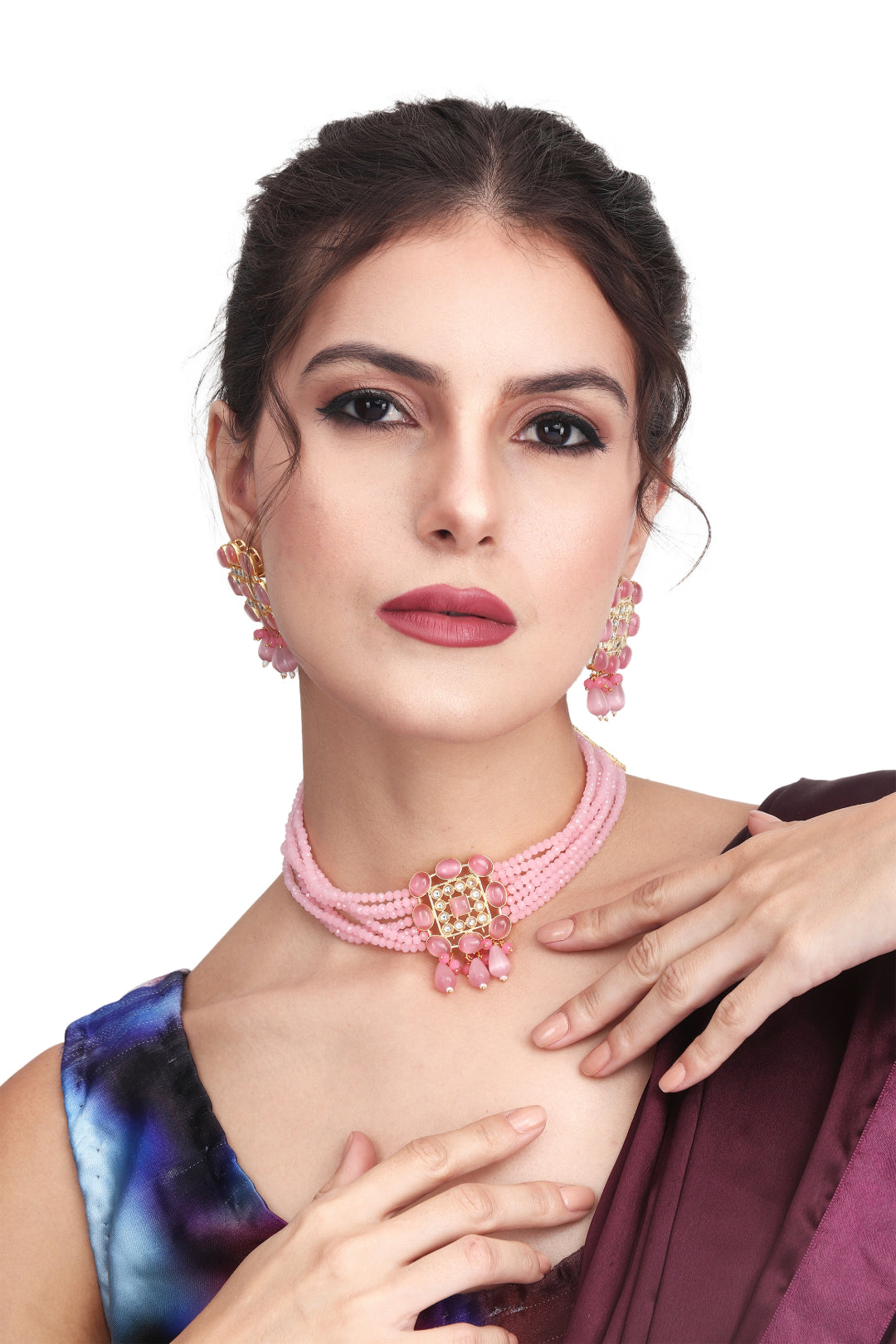 Pink Choker & Earring set in monalisa stone