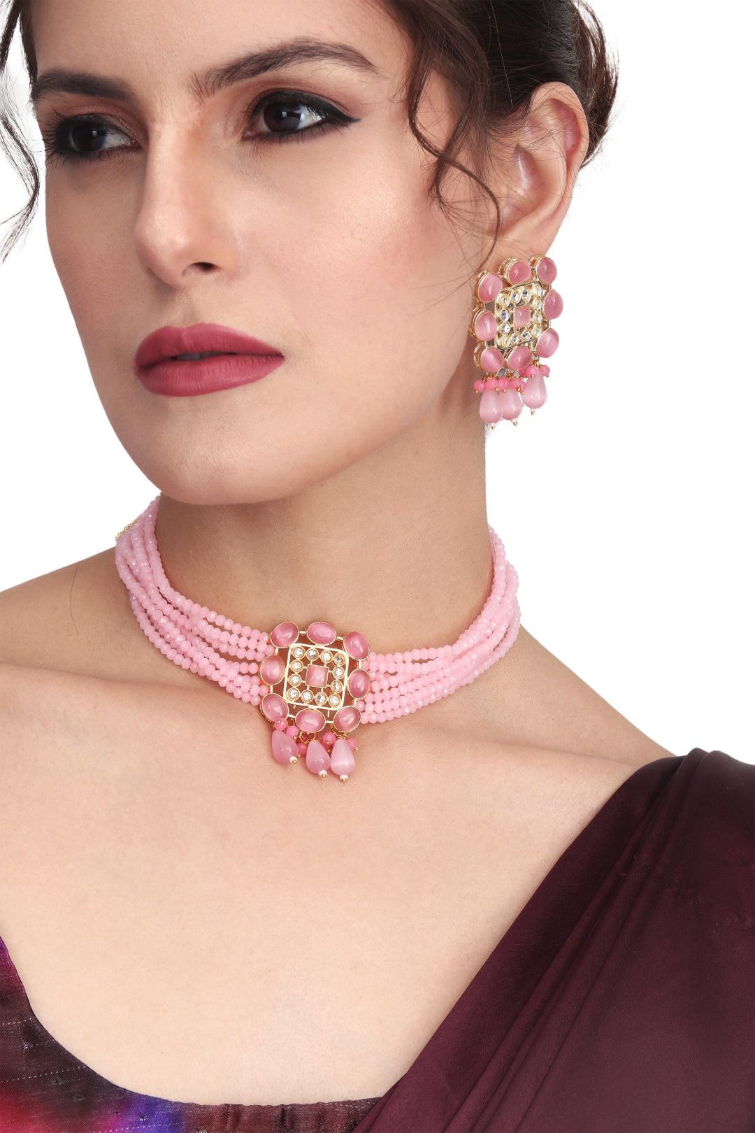 Pink Choker & Earring set in monalisa stone