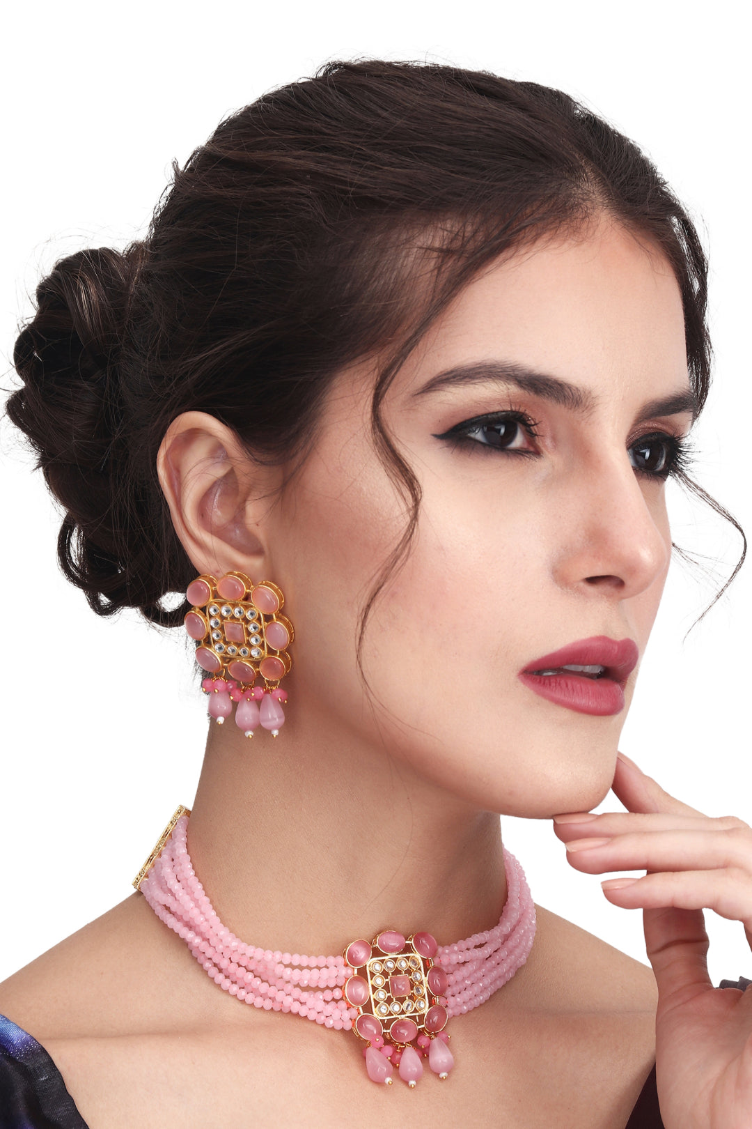 Pink Choker & Earring set in monalisa stone
