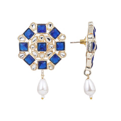 Gold plated Blue & White Monalisa Stone Studs with pearl drop
