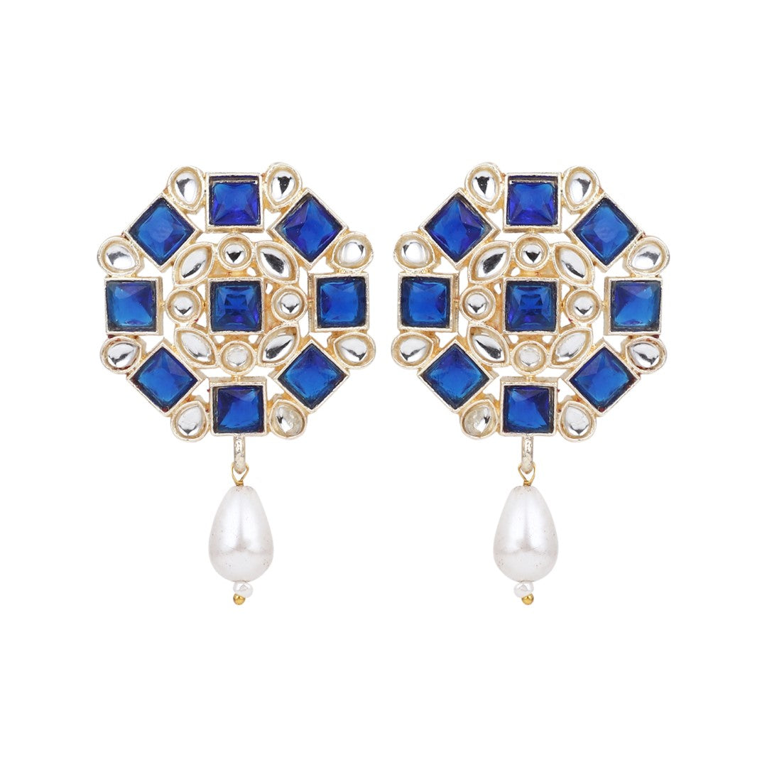 Gold plated Blue & White Monalisa Stone Studs with pearl drop