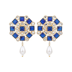 Gold plated Blue & White Monalisa Stone Studs with pearl drop