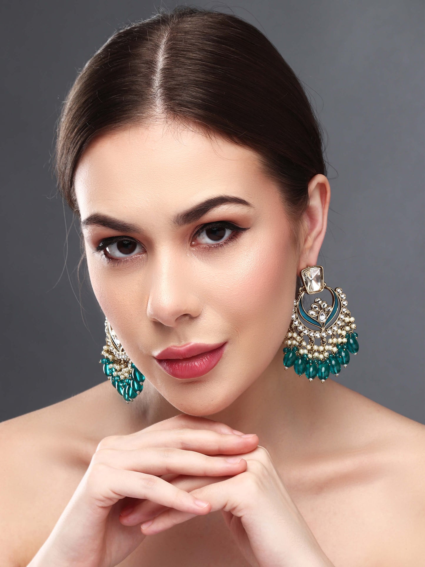 Gold plated kundan & Meenakari Chandbali Earring in Green