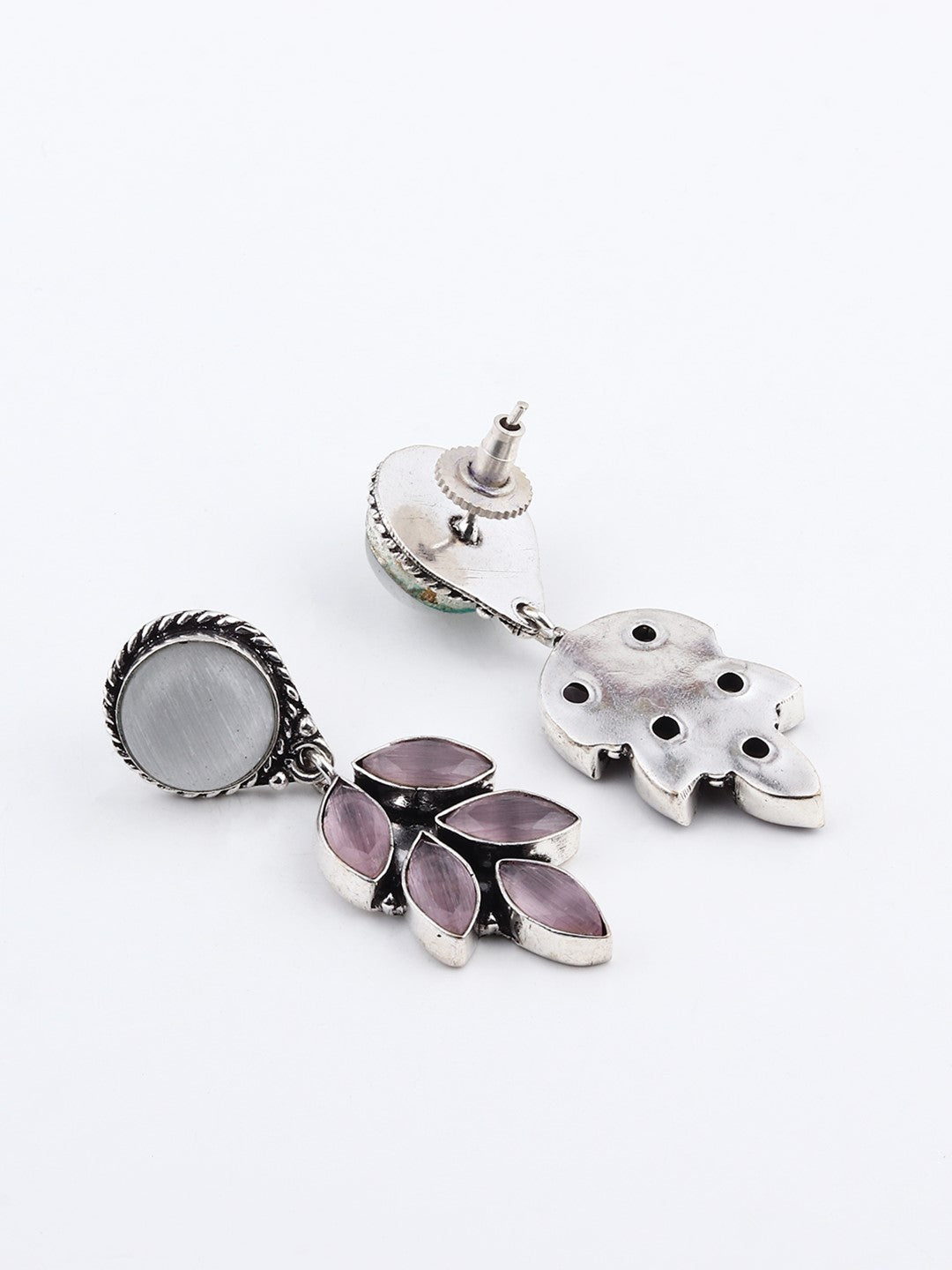 Silver Oxydised finish White stone work drop earring