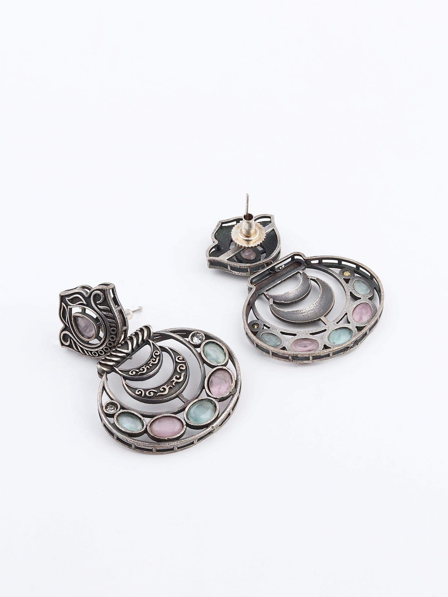 Silver Oxidised finish multi colored Stone drop Earring