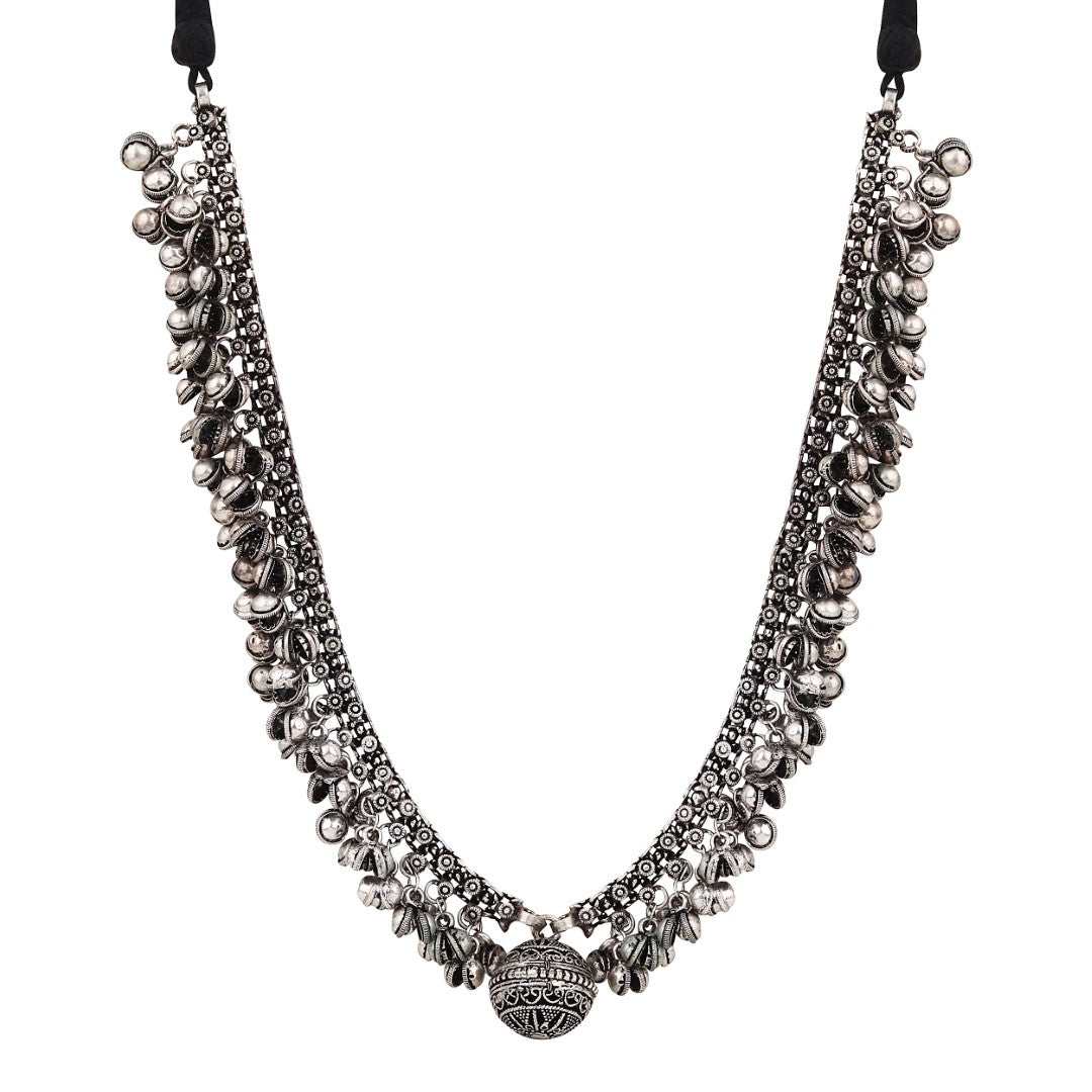 Silver Oxydised finish long Necklace with Ghungroo drops