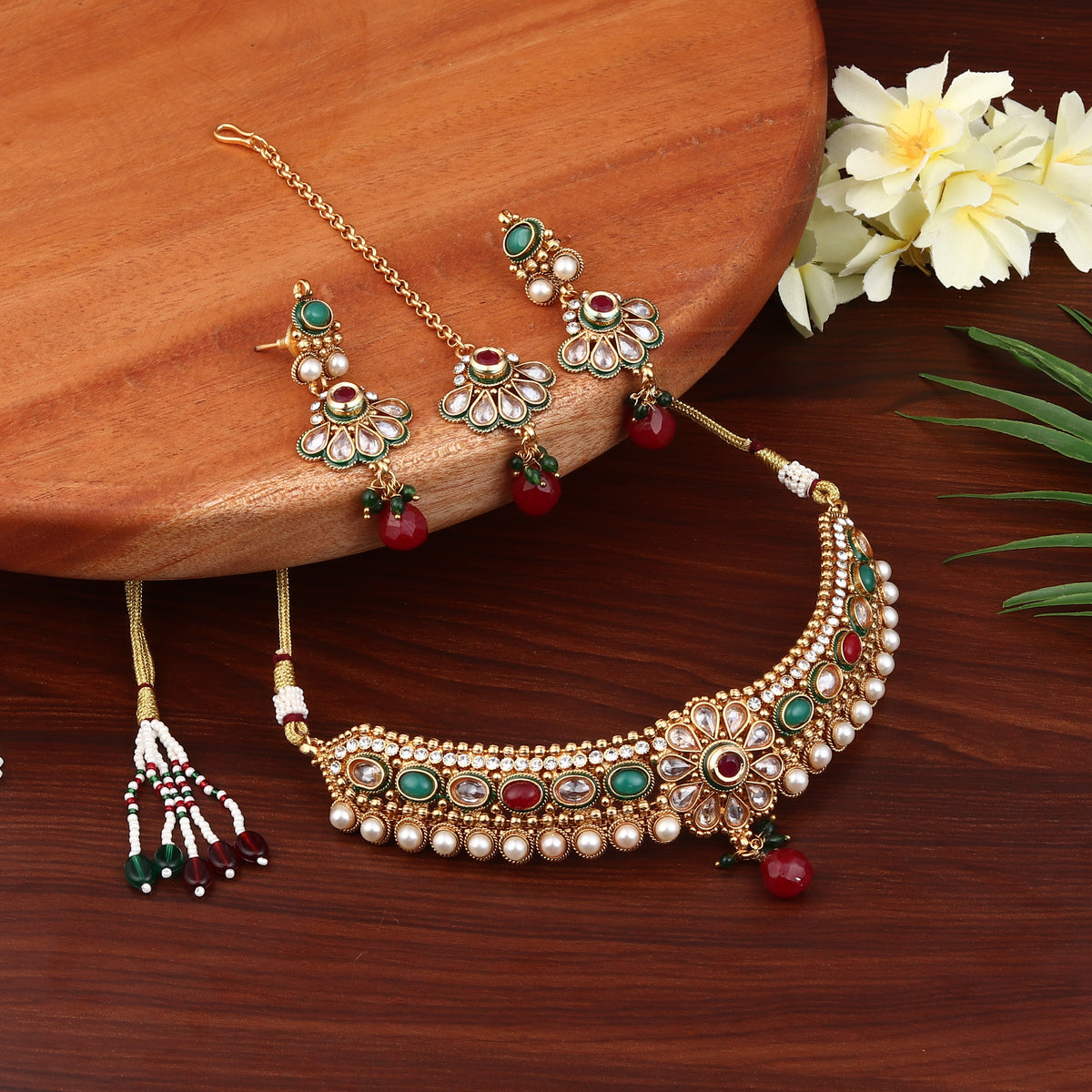 Multi coloured stone, temple design necklace earring & Maangtikka set