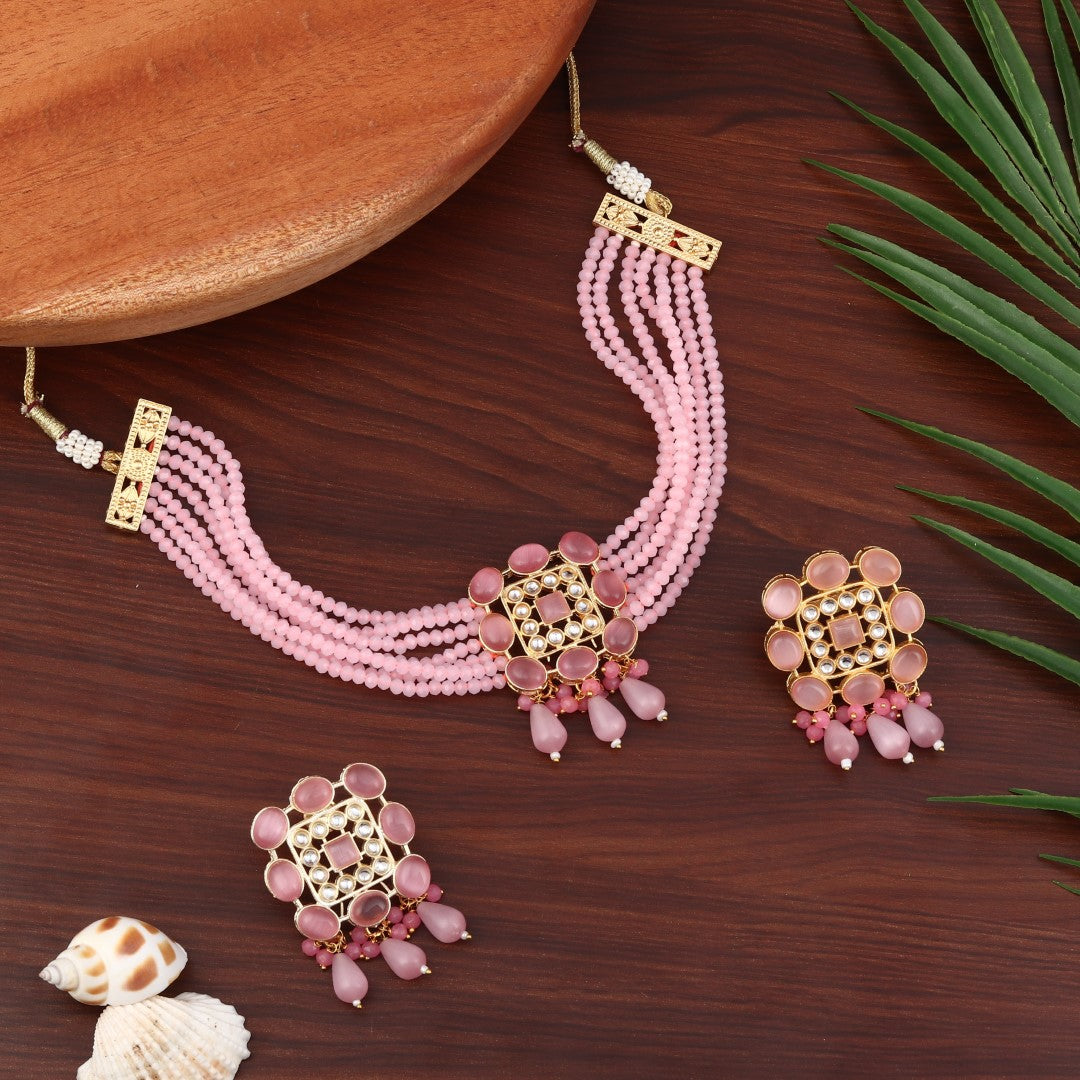 Pink Choker & Earring set in monalisa stone