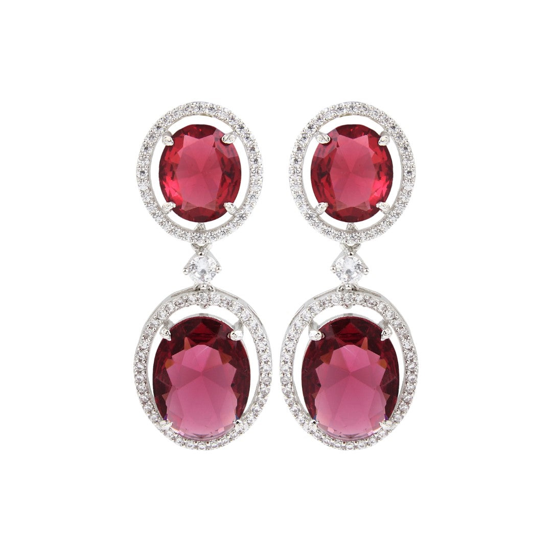 Oval Drop Earrings with CZ Stones Red