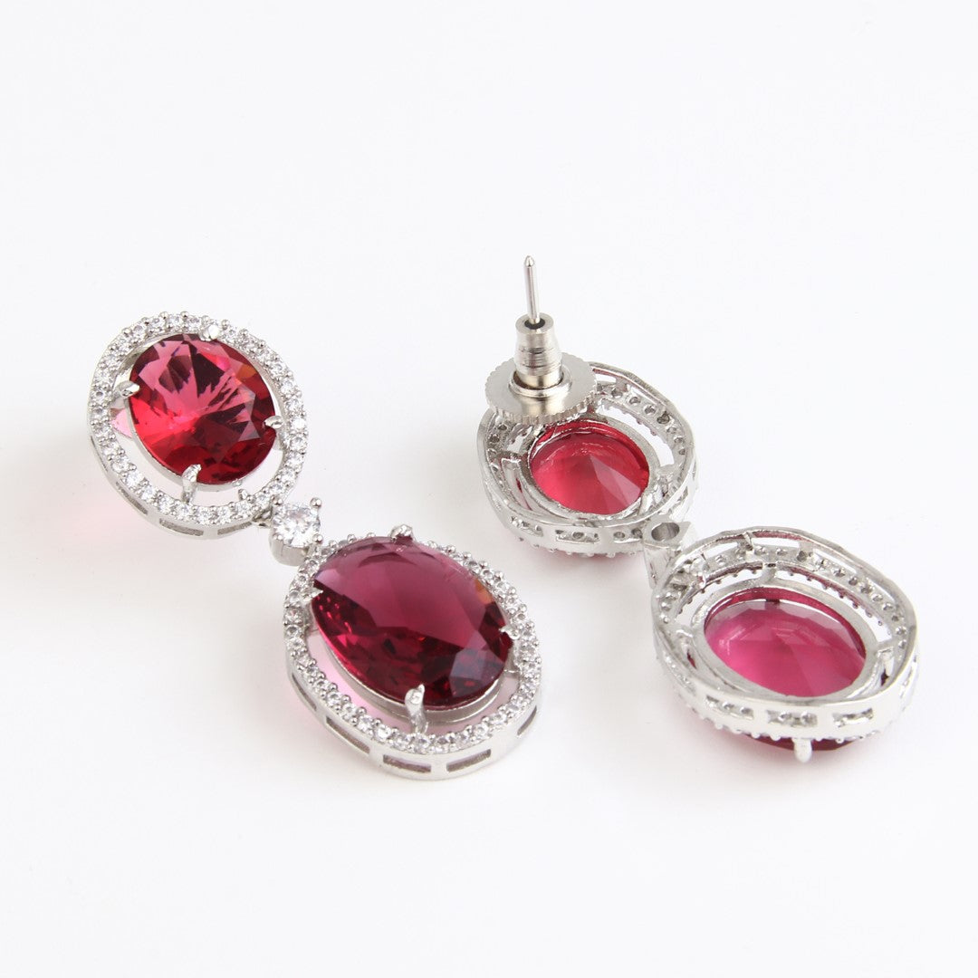 Oval Drop Earrings with CZ Stones Red