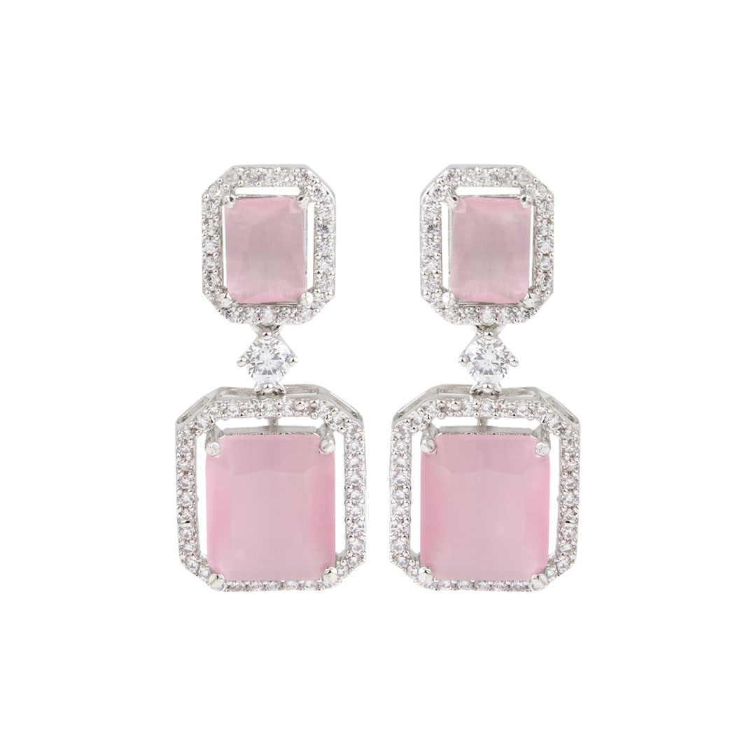 Rhodium Plated Rectangular CZ stone drop earriing Pink