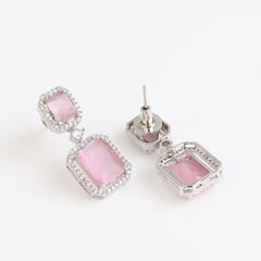 Rhodium Plated Rectangular CZ stone drop earriing Pink