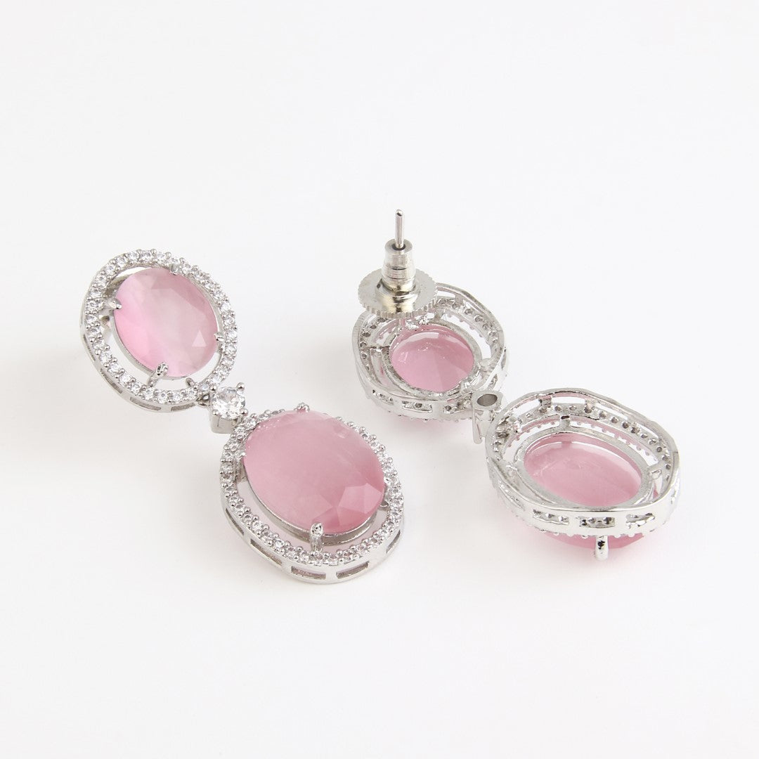 Oval Drop Earrings with CZ Stones Pink