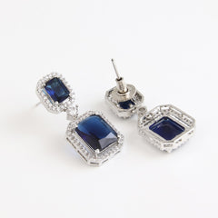 Rhodium Plated Rectangular CZ stone drop earring Blue