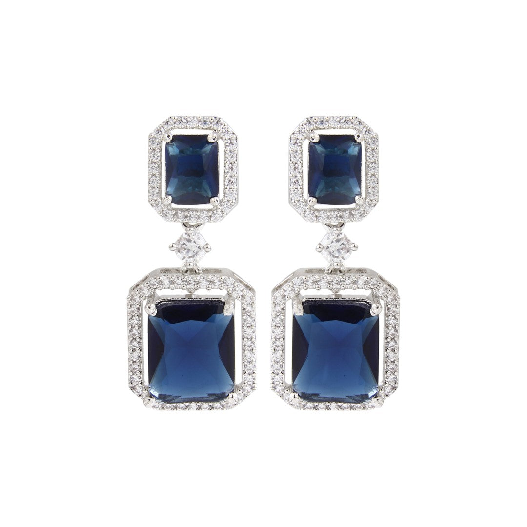Rhodium Plated Rectangular CZ stone drop earring Blue