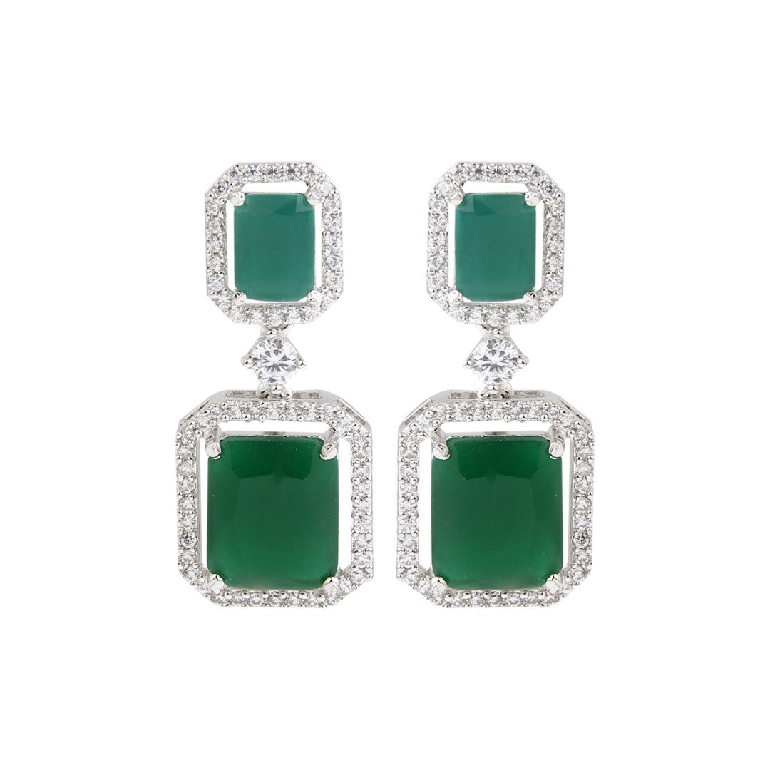 Rhodium Plated Rectangular CZ stone drop earring Green
