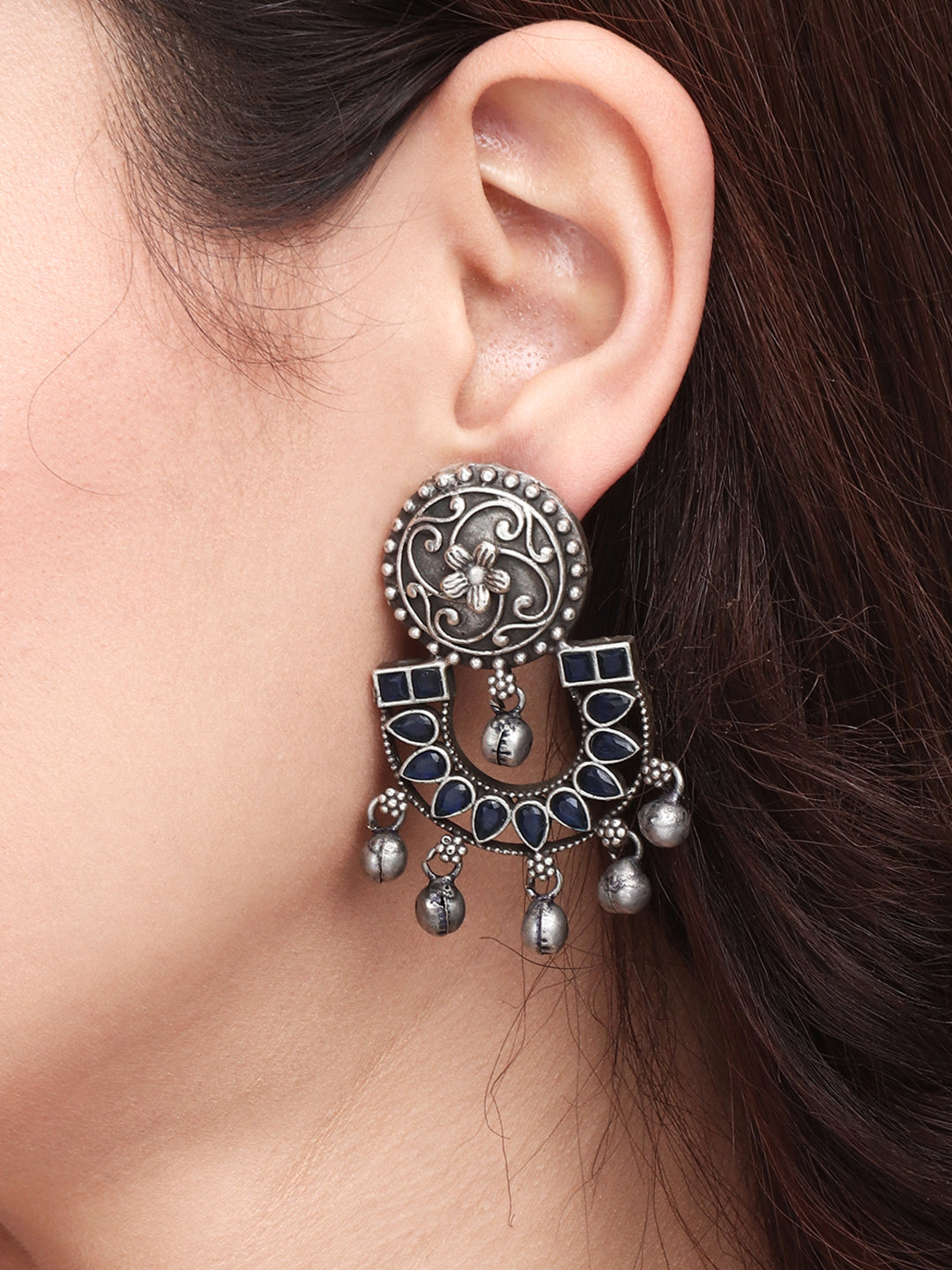 Silver Oxydised finish drop earring