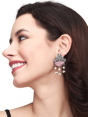 Silver Oxydised finish Pink drop earring