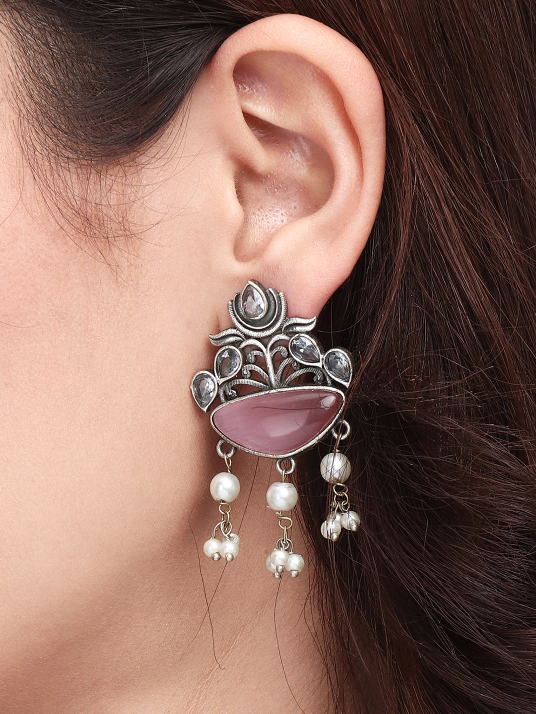 Silver Oxydised finish Pink drop earring