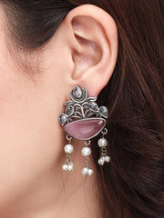 Silver Oxydised finish Pink drop earring