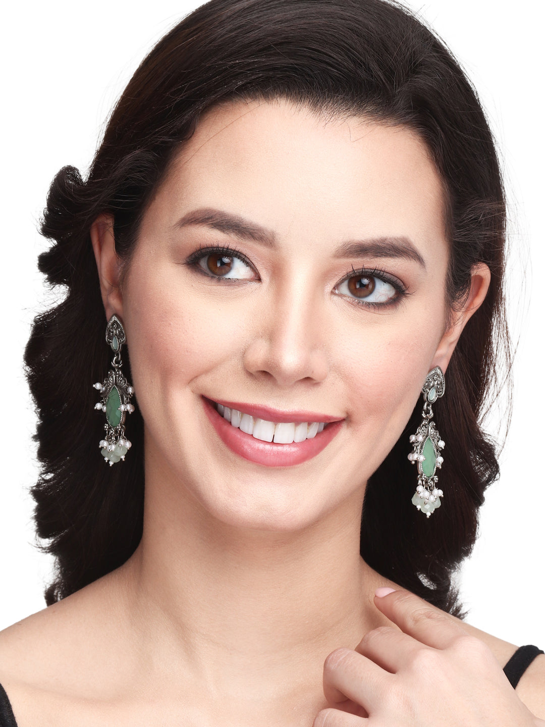 Silver Oxidised finish long drop Earring with Glass stone