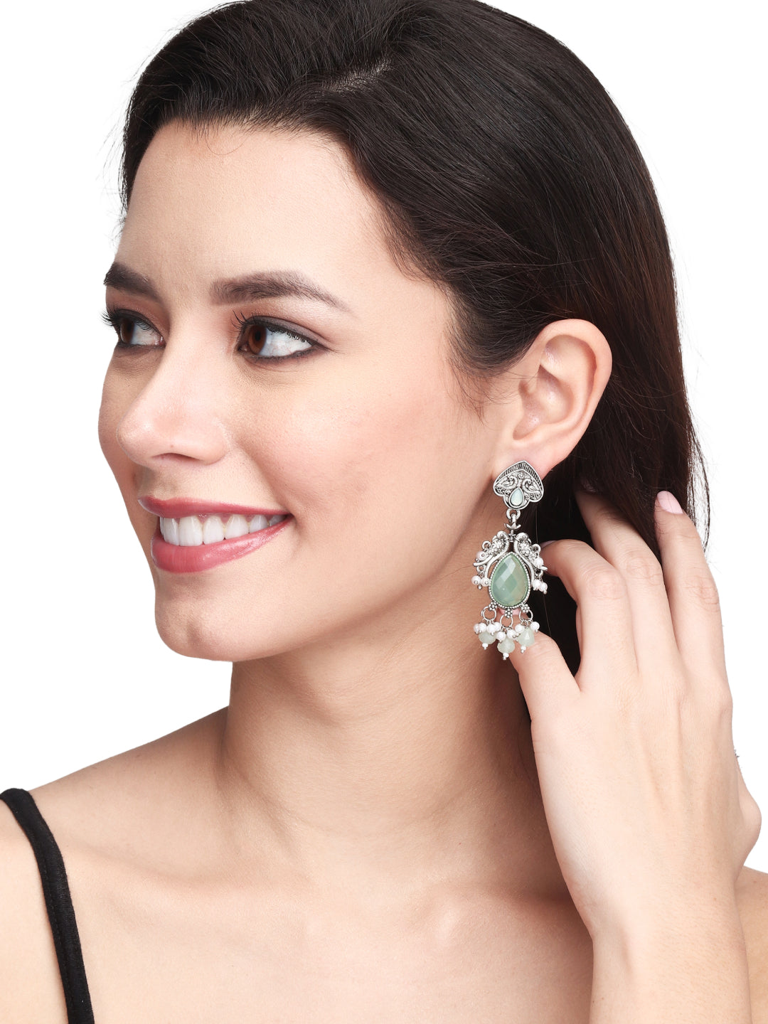 Silver Oxidised finish long drop Earring with Glass stone