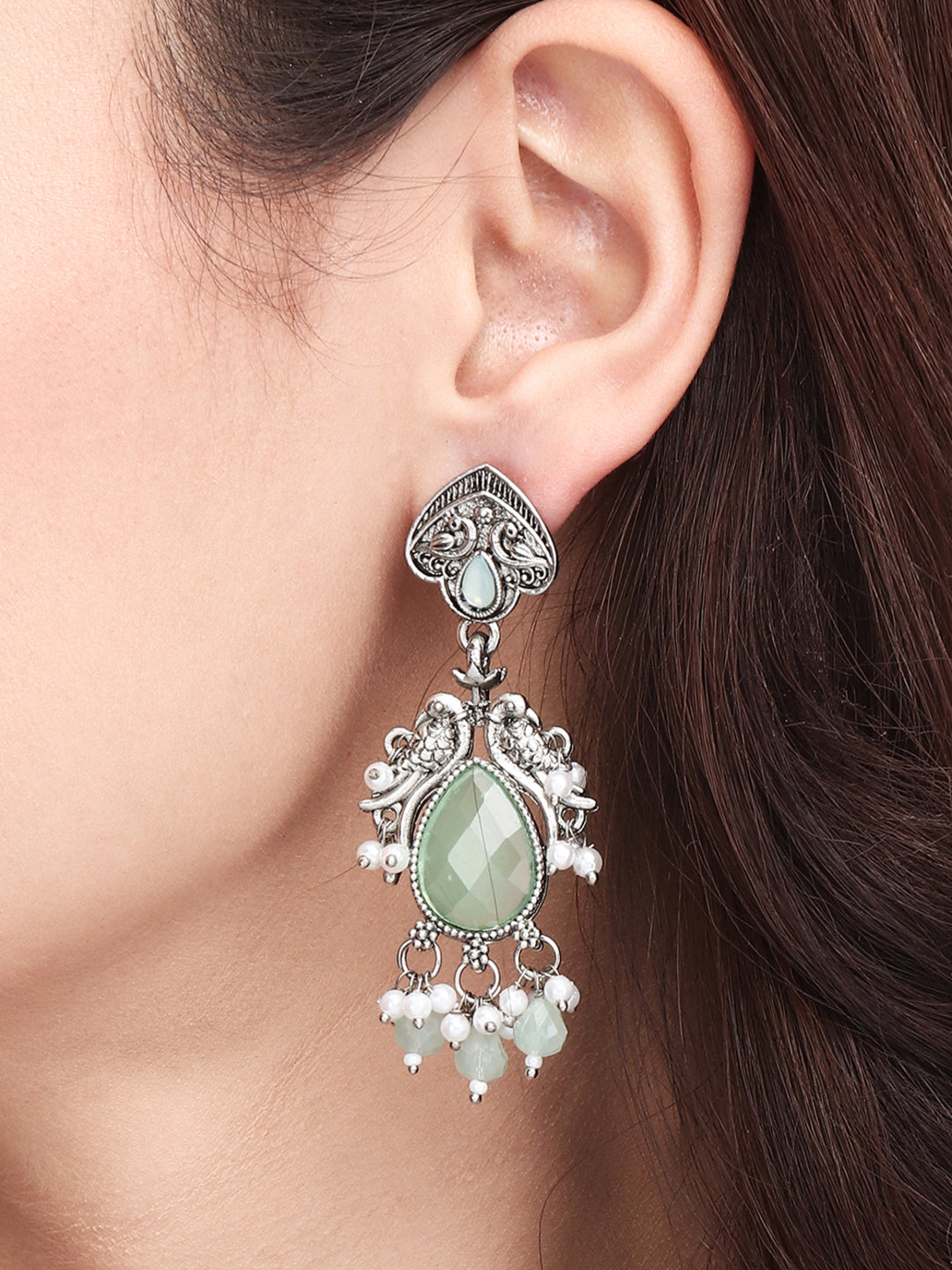 Silver Oxidised finish long drop Earring with Glass stone