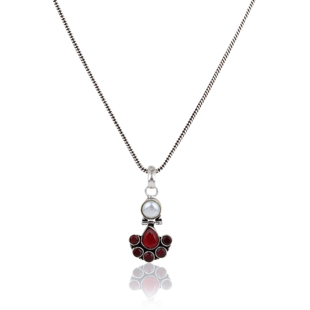 Floral Crystal Pendant Necklace Set with Matching Stud Earrings - Red