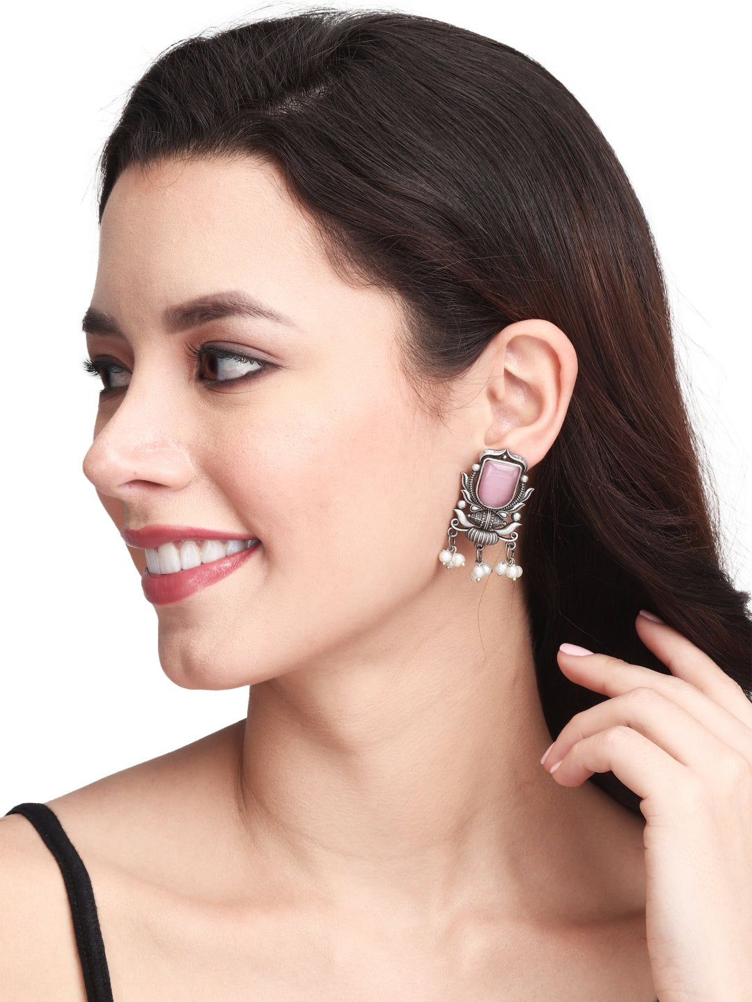 Silver Oxydised Contemporary Pink Studs
