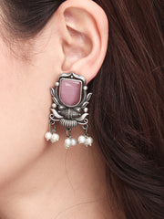 Silver Oxydised Contemporary Pink Studs
