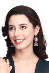 Silver Oxidised finish Jhumka with big glass Stone