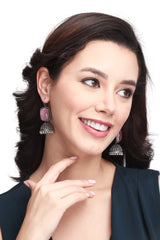 Silver Oxidised finish Jhumka with big glass Stone