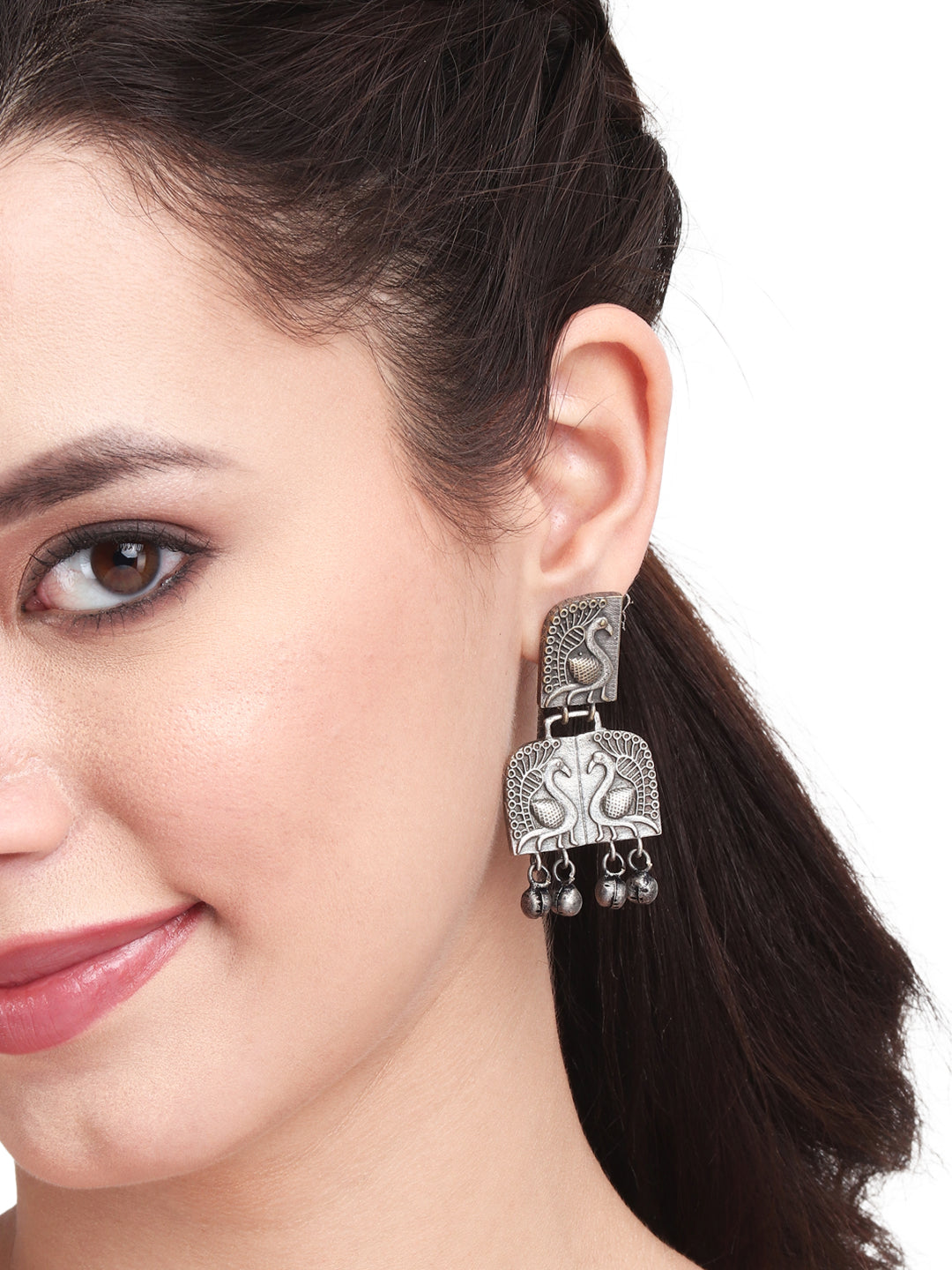 Silver Oxidised finish, peacock embossed drop Earring