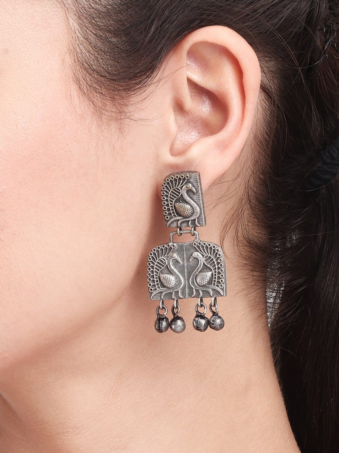 Silver Oxidised finish, peacock embossed drop Earring