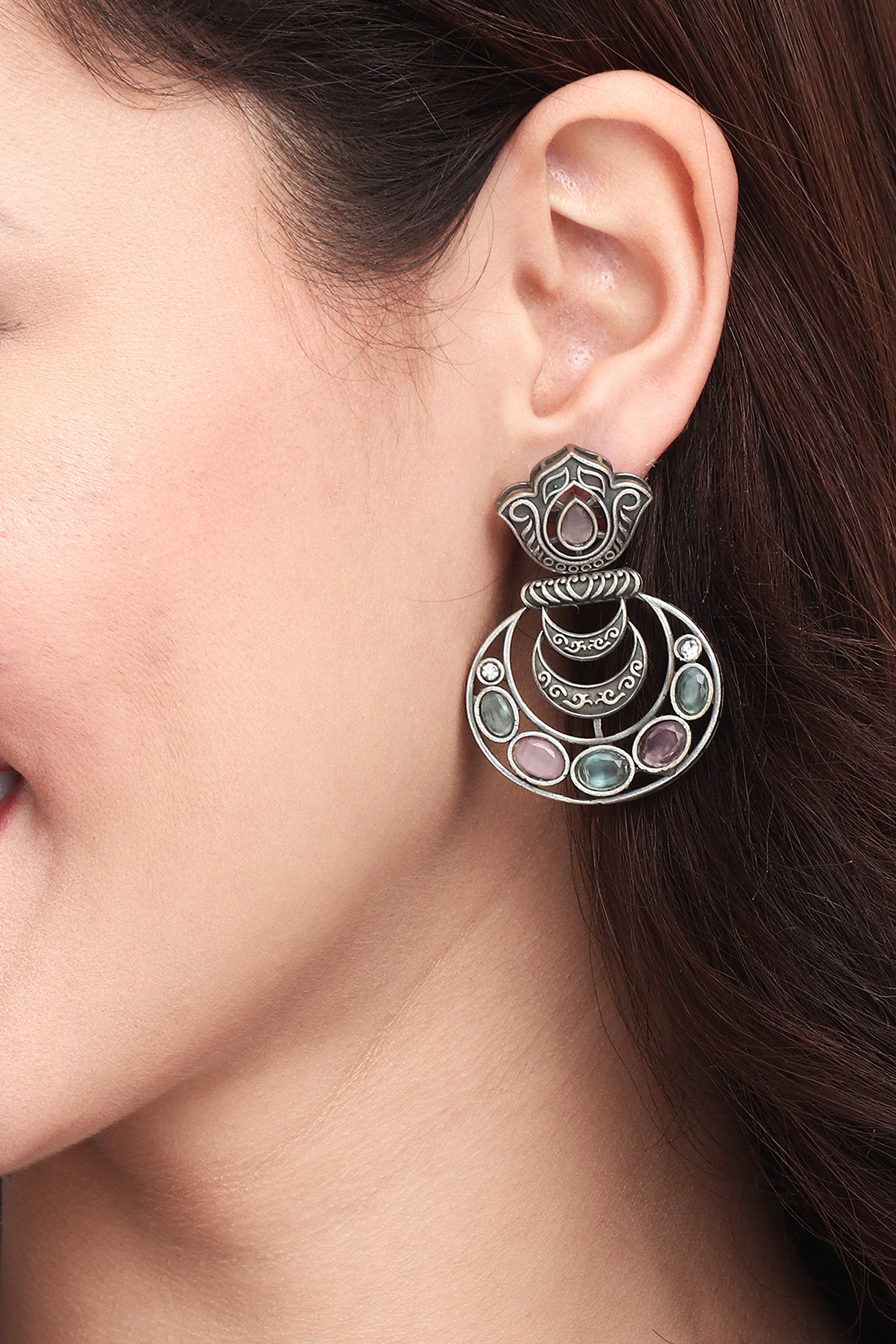Silver Oxidised finish multi colored Stone drop Earring