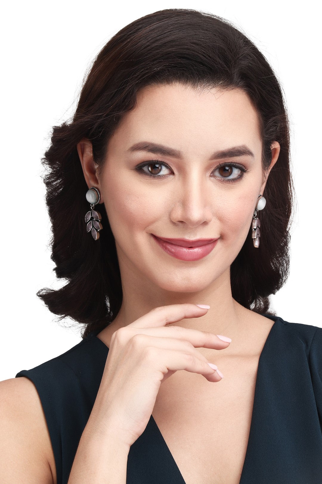 Silver Oxydised finish White stone work drop earring