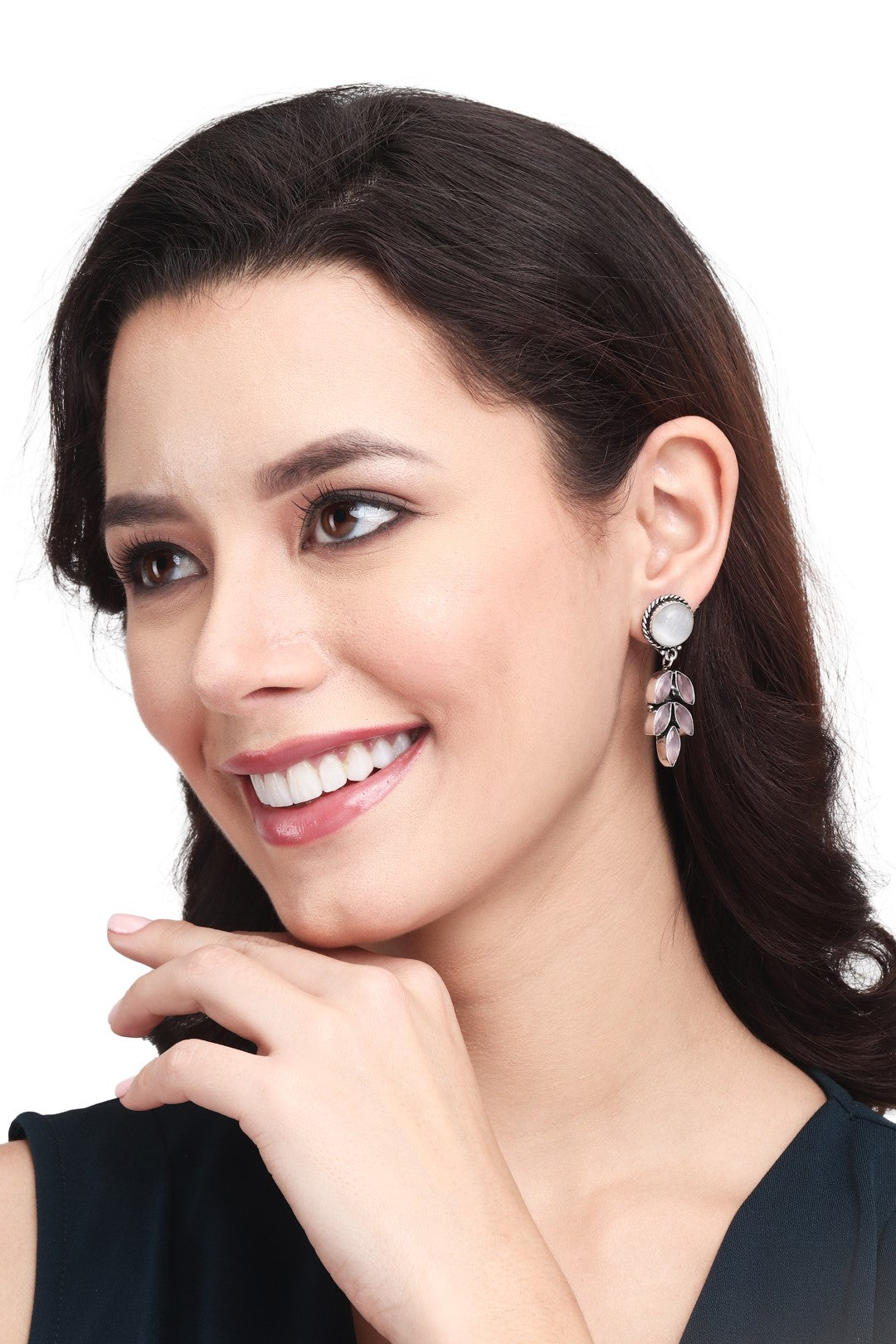Silver Oxydised finish White stone work drop earring