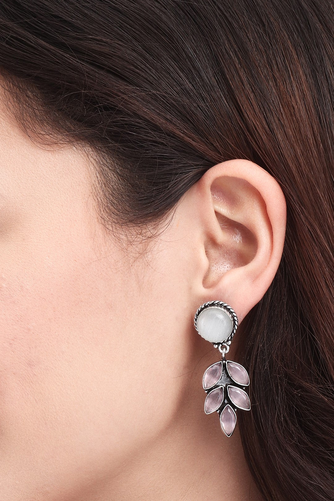 Silver Oxydised finish White stone work drop earring