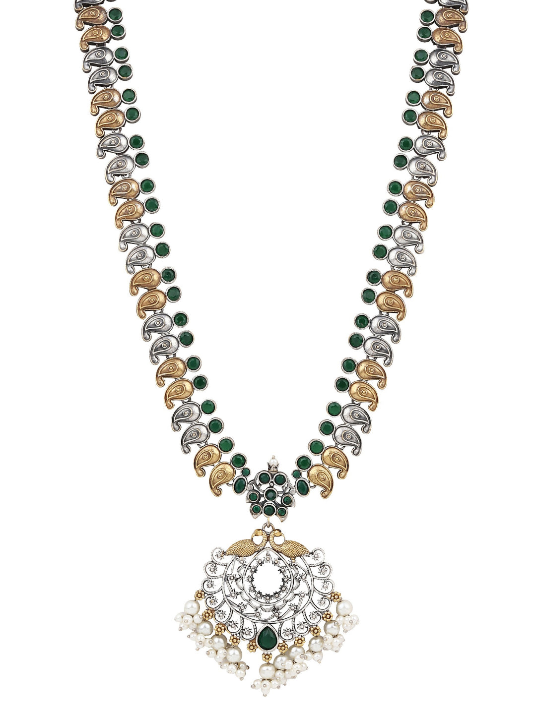 Dual Tone Long Necklace Set with AD & Quartz stone