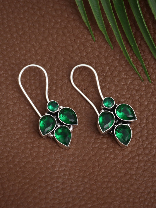 Silver Oxidised finish Green stone work drop earring