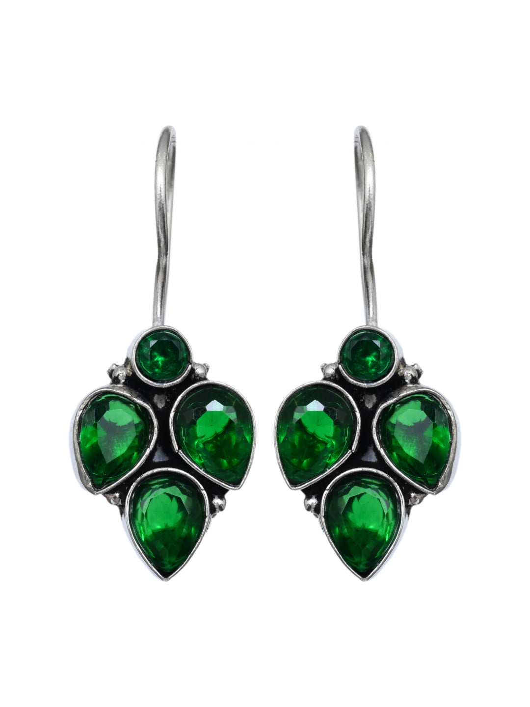 Silver Oxidised finish Green stone work drop earring