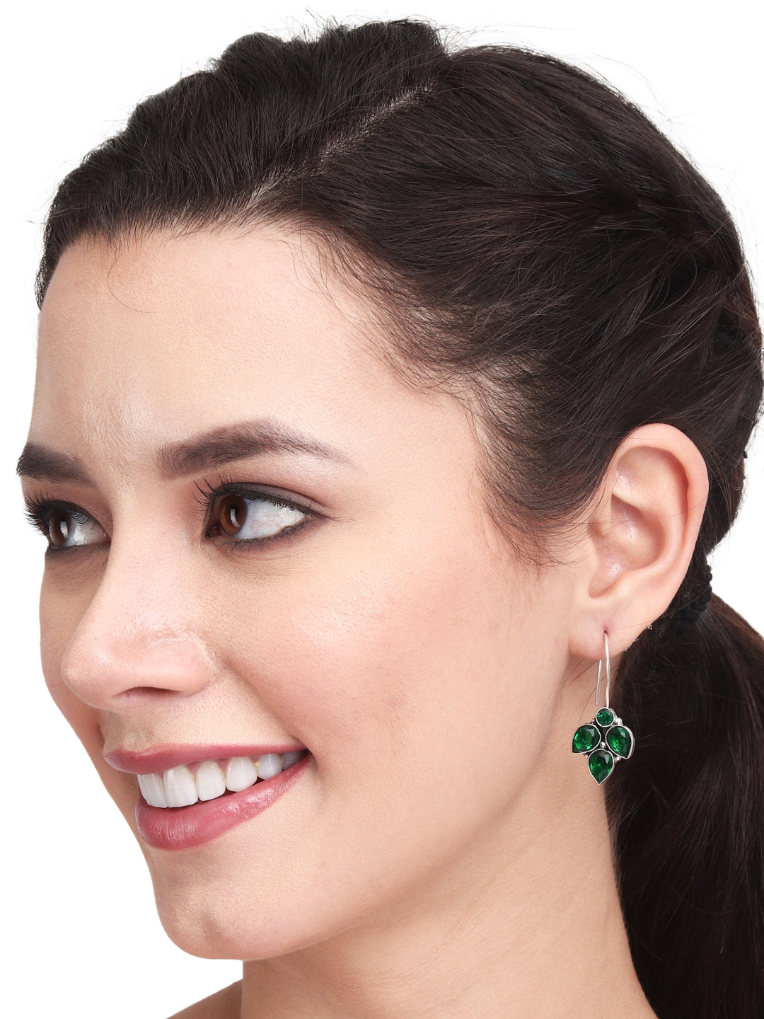 Silver Oxidised finish Green stone work drop earring