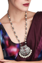 Silver Oxydised finsh long necklace
