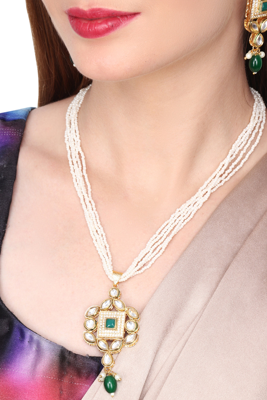 Kundan Pendant with Beads string necklace & Earring set