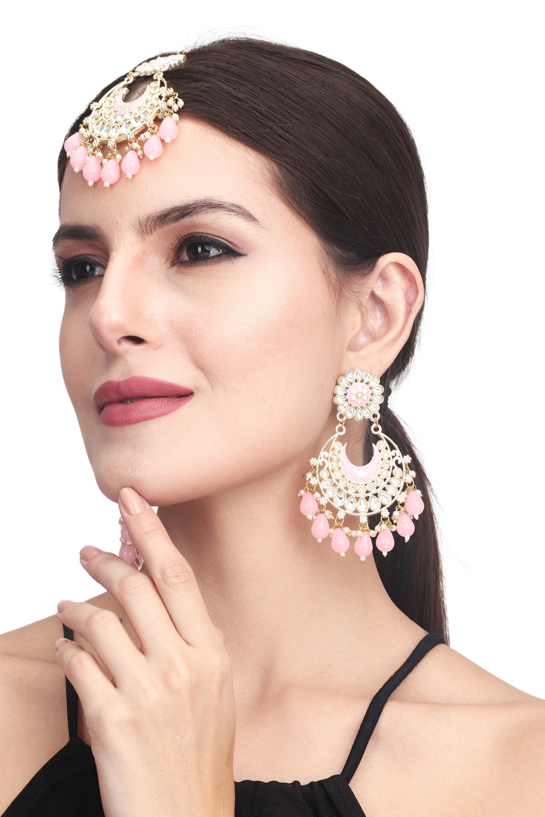 Meenakari Earring & Maangtika Set with Kundan pink