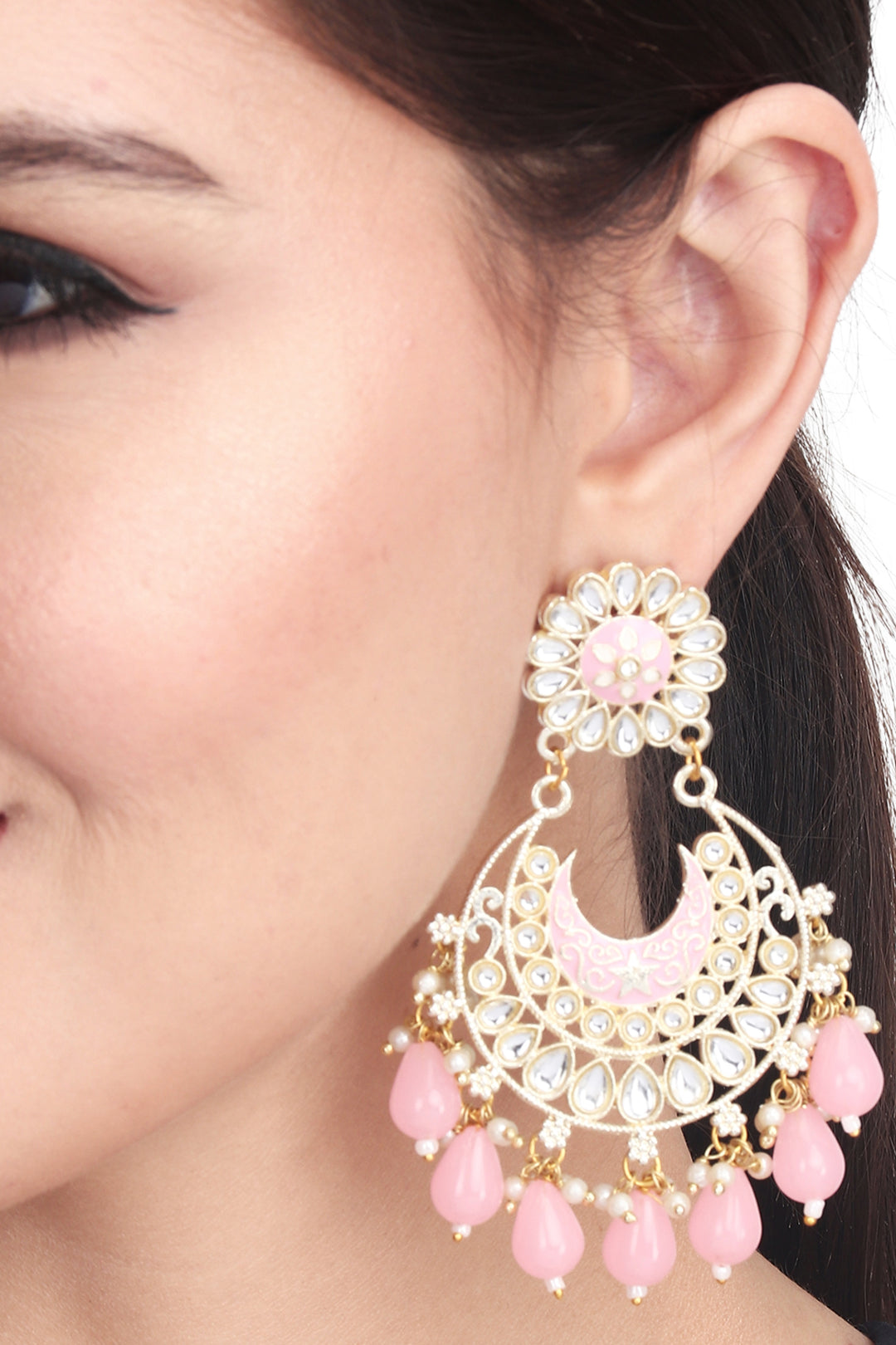 Meenakari Earring & Maangtika Set with Kundan pink