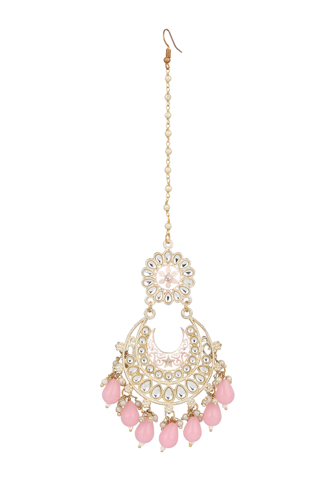 Meenakari Earring & Maangtika Set with Kundan pink