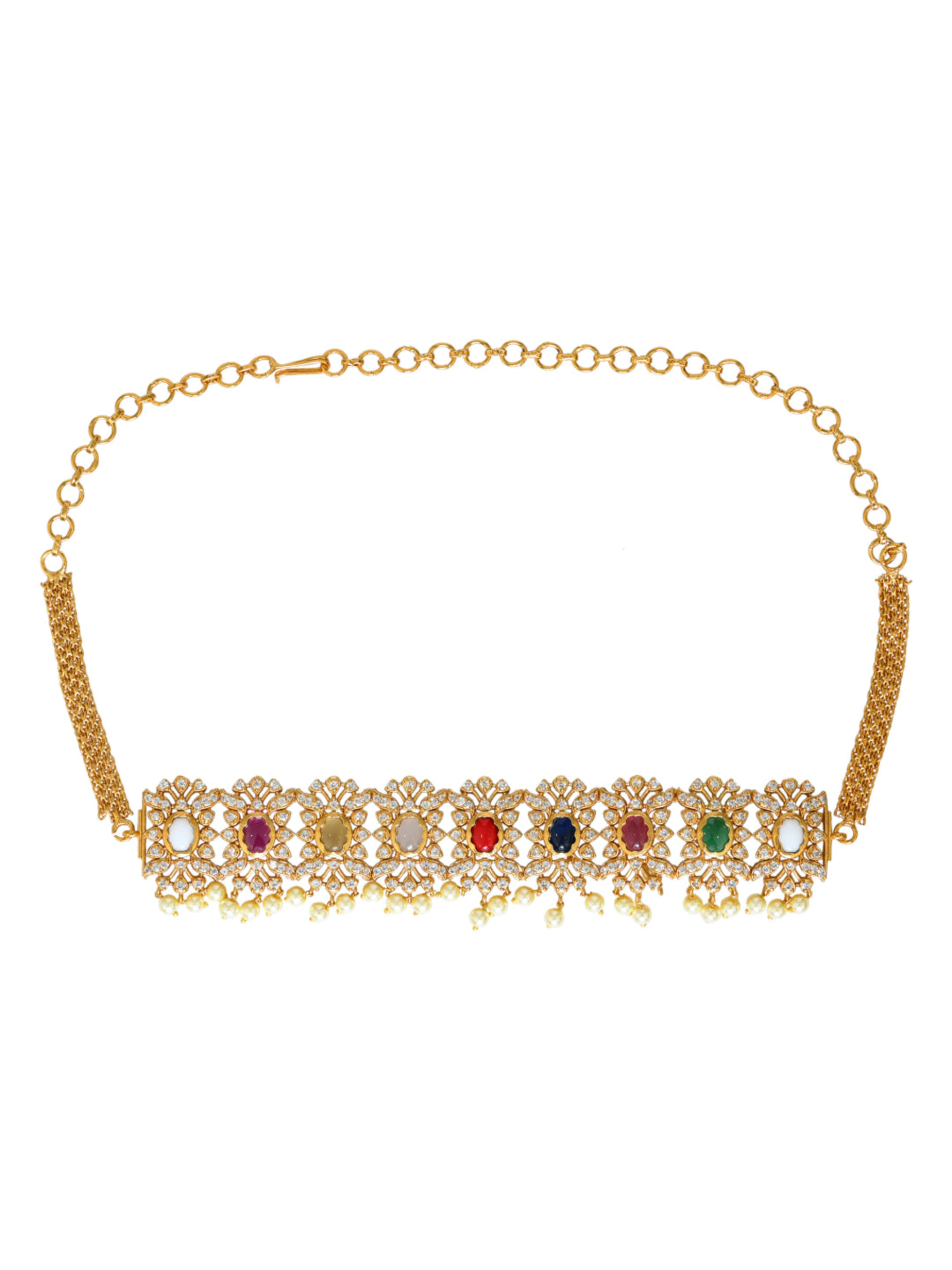 Kemp Gold Plated Choker & Earring set with Multi coloured stone.