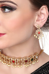 Kemp Gold Plated Choker & Earring set with Multi coloured stone.