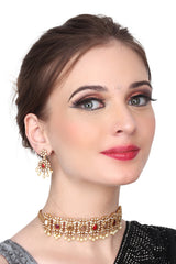 Kemp Gold Plated Choker & Earring set with Multi coloured stone.